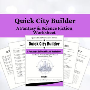 Può includere: Un foglio di lavoro Quick City Builder per la scrittura fantasy e di fantascienza. Il documento presenta un titolo centrale, un'illustrazione circolare di una città e sezioni per domande di brainstorming, generazione di conflitti e modelli.