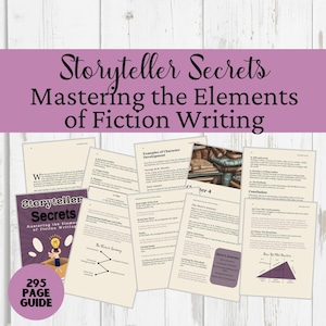 Puede incluir: Una colección de páginas impresas y un libro titulado "Storyteller Secrets: Mastering the Elements of Fiction Writing". Las páginas presentan texto y diagramas, con una combinación de colores púrpura y blanco. Una pegatina circular indica una guía de 295 páginas.