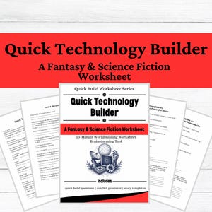 Könnte beinhalten: Ein Quick Technology Builder Arbeitsblatt für Fantasy- und Science-Fiction-Worldbuilding. Das Dokument enthält schwarzen Text auf weißem Papier mit roten Akzenten, Checkboxen, Fragen und eine zentrale Illustration einer Roboterhand und Zahnrädern.