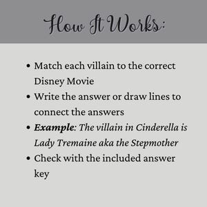 Pode incluir: Fundo cinza claro com o texto "How It Works:" em uma fonte decorativa. Marcadores explicam como combinar vil&otilde;es da Disney com filmes, escrever respostas e verificar com uma chave de resposta. Um exemplo &eacute; fornecido.