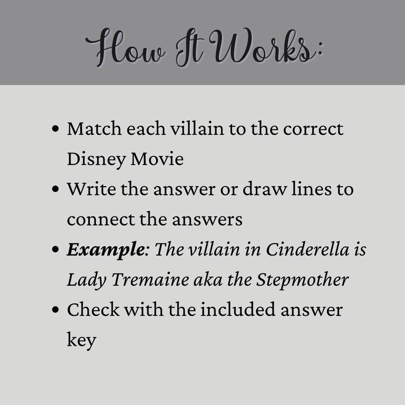 Pode incluir: Fundo cinza claro com o texto "How It Works:" em uma fonte decorativa. Marcadores explicam como combinar vil&otilde;es da Disney com filmes, escrever respostas e verificar com uma chave de resposta. Um exemplo &eacute; fornecido.