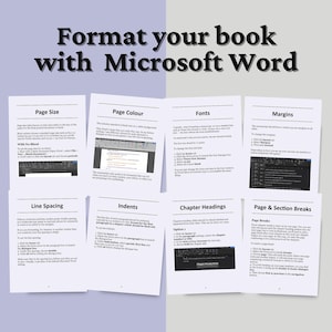 K&ouml;nnte beinhalten: Ein Leitfaden mit dem Titel "Formatieren Sie Ihr Buch mit Microsoft Word" zeigt mehrere Seiten mit Anweisungen zu Seitengr&ouml;&szlig;e, Farbe, Schriftarten, R&auml;ndern, Zeilenabstand, Einz&uuml;gen, Kapitel&uuml;berschriften und Seitenumbr&uuml;chen. Der Text ist schwarz auf wei&szlig;.