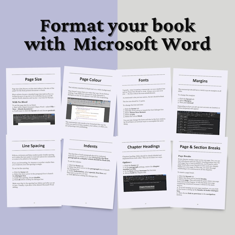 K&ouml;nnte beinhalten: Ein Leitfaden mit dem Titel "Formatieren Sie Ihr Buch mit Microsoft Word" zeigt mehrere Seiten mit Anweisungen zu Seitengr&ouml;&szlig;e, Farbe, Schriftarten, R&auml;ndern, Zeilenabstand, Einz&uuml;gen, Kapitel&uuml;berschriften und Seitenumbr&uuml;chen. Der Text ist schwarz auf wei&szlig;.