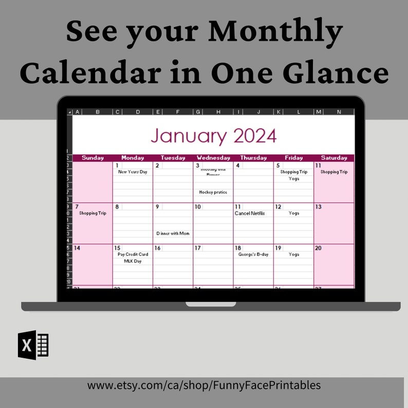 2024 Monthly Calendar Template Excel Monthly Calendar Template Etsy
