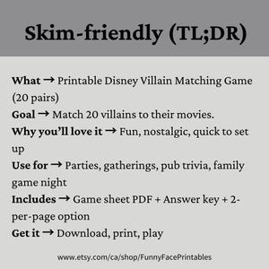 Pode incluir: Um jogo imprim&iacute;vel de correspond&ecirc;ncia de vil&otilde;es da Disney com 20 pares. O objetivo &eacute; combinar 20 vil&otilde;es com seus filmes. Inclui uma folha de jogo em PDF, chave de resposta e uma op&ccedil;&atilde;o de 2 por p&aacute;gina. Ideal para festas e noites de jogos em fam&iacute;lia.