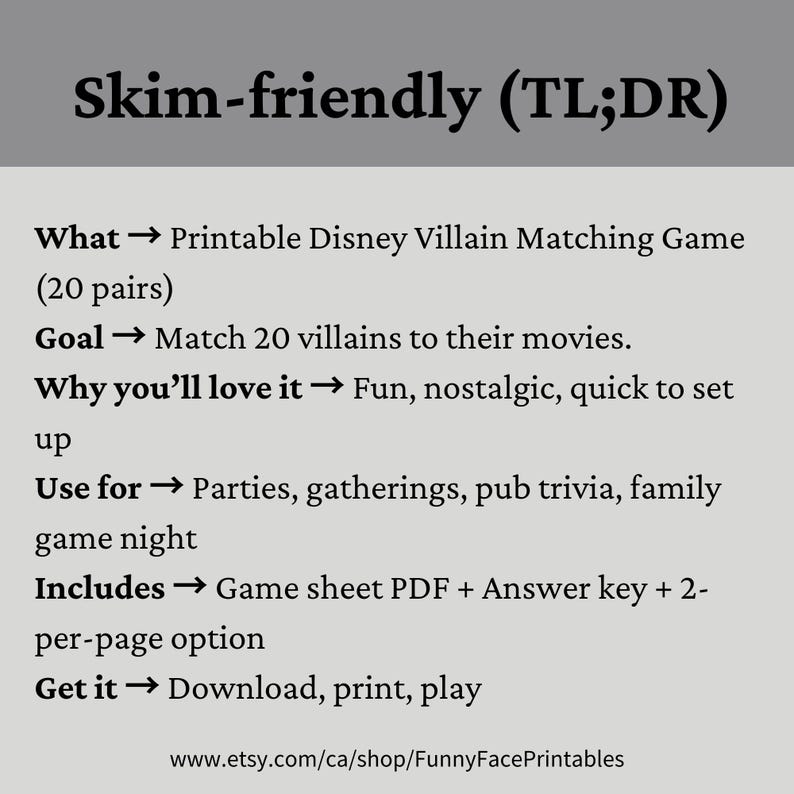 Pode incluir: Um jogo imprim&iacute;vel de correspond&ecirc;ncia de vil&otilde;es da Disney com 20 pares. O objetivo &eacute; combinar 20 vil&otilde;es com seus filmes. Inclui uma folha de jogo em PDF, chave de resposta e uma op&ccedil;&atilde;o de 2 por p&aacute;gina. Ideal para festas e noites de jogos em fam&iacute;lia.