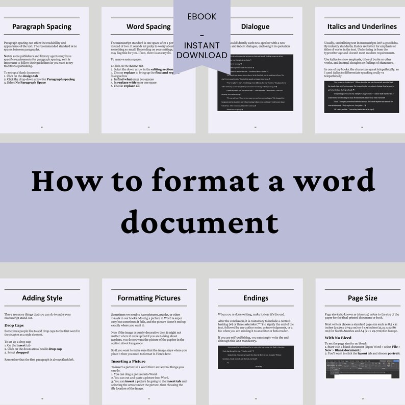 K&ouml;nnte beinhalten: Ein E-Book mit dem Titel "So formatieren Sie ein Word-Dokument" mit Seiten zu Absatzabstand, Wortabstand, Dialog und Kursivschrift. Sofortiger Download.