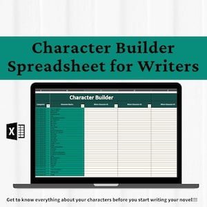 Puede incluir: Una computadora portátil muestra una hoja de cálculo titulada "Character Builder" para escritores. La pantalla muestra una cuadrícula con categorías y detalles de personajes. El texto "Character Builder Spreadsheet for Writers" está encima de la pantalla. Debajo de la pantalla está el texto: "Get to know everything about your characters before you start writing your novel!!!"