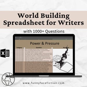 May include: A laptop screen displays a spreadsheet titled "World Building Spreadsheet for Writers" with over 1000 questions. The spreadsheet is categorized under "Power & Pressure." An illustration of a book with a galaxy and planets is on the right.