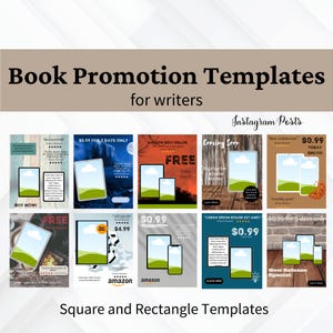 May include: A promotional image featuring various book promotion templates for writers. The templates are designed for Instagram posts and include square and rectangle layouts. Each template showcases a tablet and smartphone mockup with text overlays.