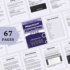 K&ouml;nnte beinhalten: Ein Ratgeber zur Manuskriptformatierung mit 67 Seiten. Das Cover ist lila mit wei&szlig;em Text und dem Microsoft Word-Logo. Das Inhaltsverzeichnis und andere Seiten des Buches sind sichtbar.