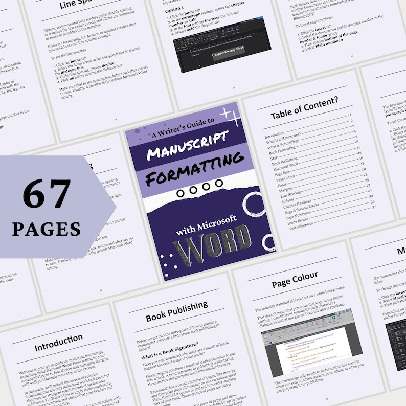 K&ouml;nnte beinhalten: Ein Ratgeber zur Manuskriptformatierung mit 67 Seiten. Das Cover ist lila mit wei&szlig;em Text und dem Microsoft Word-Logo. Das Inhaltsverzeichnis und andere Seiten des Buches sind sichtbar.