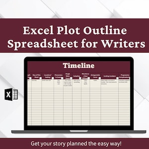 May include: A laptop screen shows an Excel spreadsheet template for writers, labelled "Timeline". The spreadsheet includes columns for plot elements like characters, events, and complications. The text "Excel Plot Outline Spreadsheet for Writers" is displayed at the top.