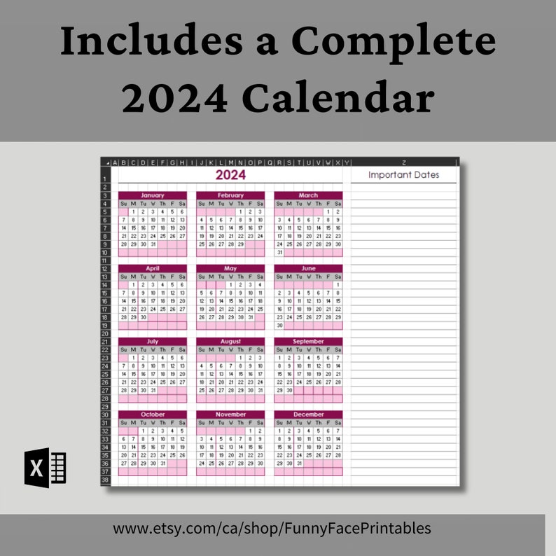 2024 Monthly Calendar Template Excel Monthly Calendar Template Etsy