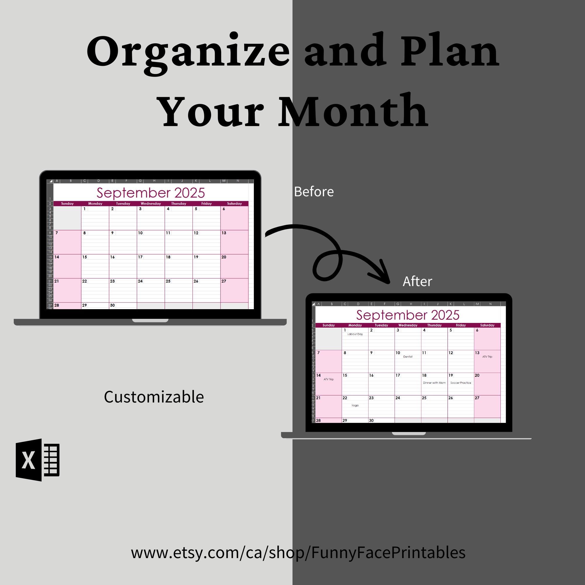 2025 Monthly Calendar Template, Excel Monthly Calendar Template