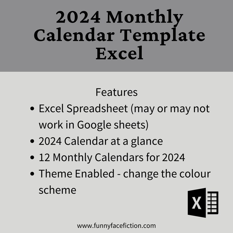 2024 Monthly Calendar Template Excel Monthly Calendar Template Etsy 