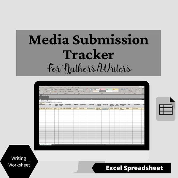 Author Media Submission Tracker, Writing Resource, Writing Tools, Excel Template, Excel Spreadsheet, Book Planning, Writing Planner, Novel