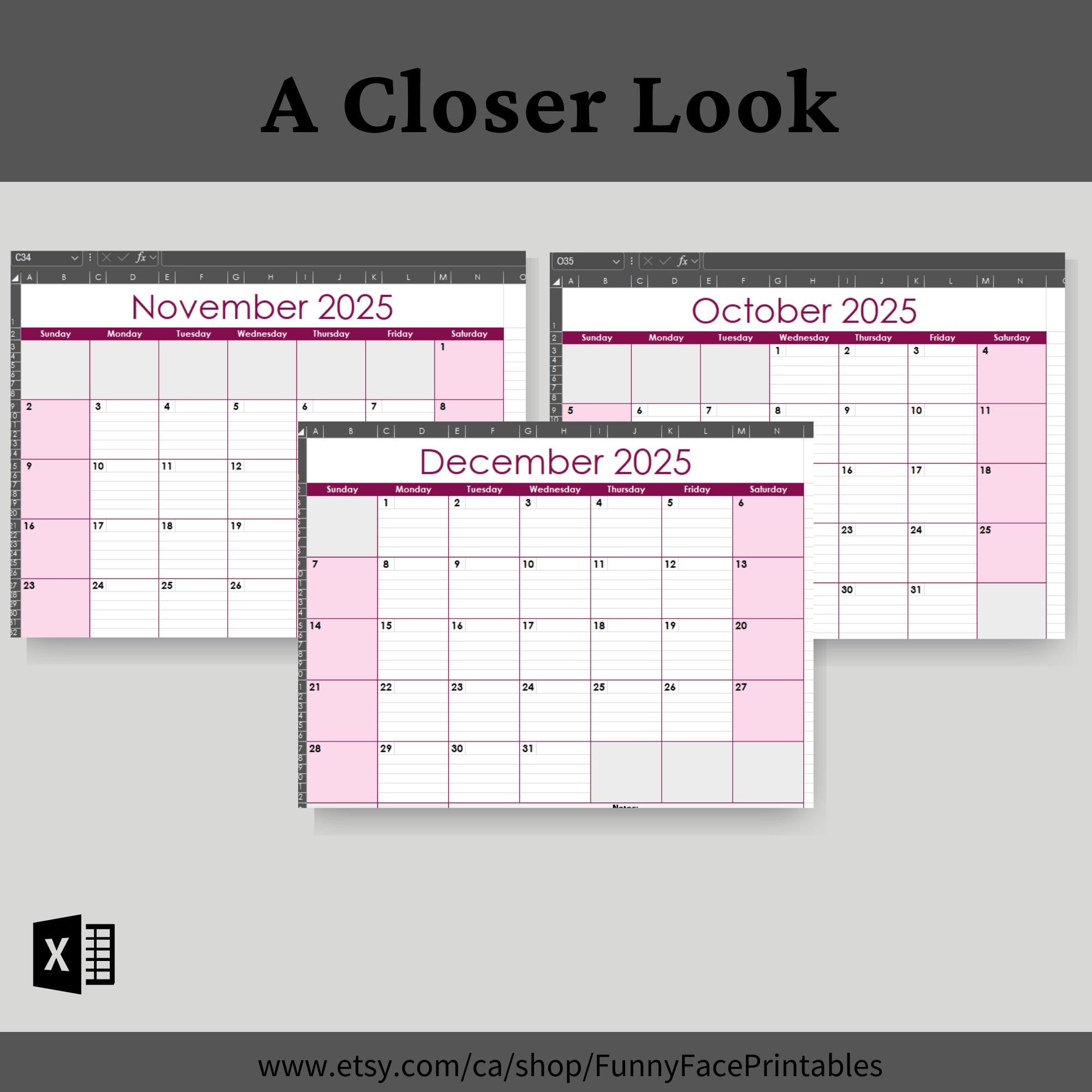 2025 Monthly Calendar Template, Excel Monthly Calendar Template
