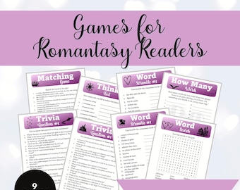 Pacote de Jogos para Clube de Leitura Romantasy Reader: Quiz para Imprimir, Palavras Embaralhadas, Caça-Palavras (PDF)