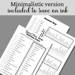 Pode incluir: Um jogo de correspond&ecirc;ncia de trivia Disney Villain em preto e branco, com uma chave de resposta. O jogo inclui uma lista de vil&otilde;es e filmes da Disney. O texto "Minimalistic version included to save on ink" est&aacute; no topo.