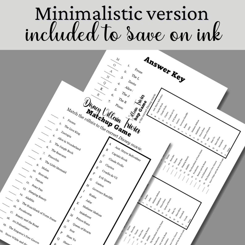 Pode incluir: Um jogo de correspond&ecirc;ncia de trivia Disney Villain em preto e branco, com uma chave de resposta. O jogo inclui uma lista de vil&otilde;es e filmes da Disney. O texto "Minimalistic version included to save on ink" est&aacute; no topo.