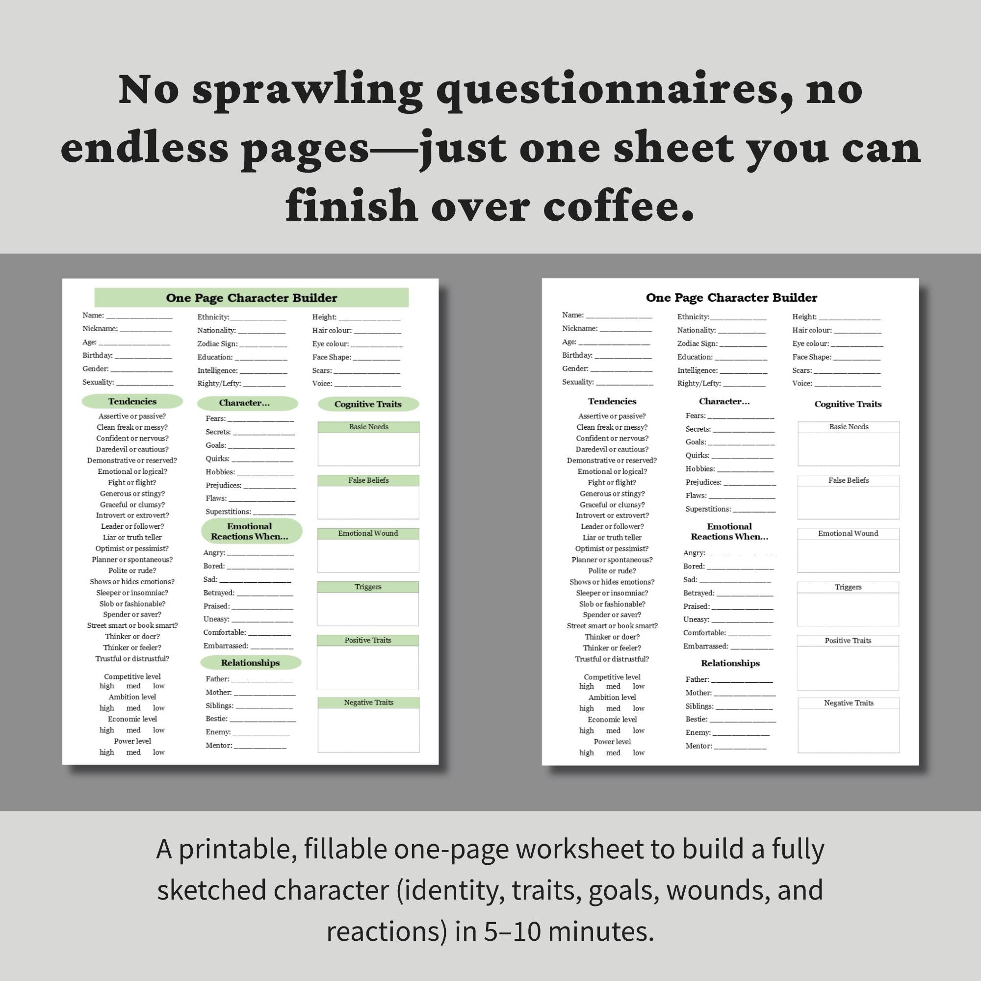 Character Builder Worksheet: One Page Fiction Character Template (PDF ...