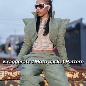 May include: A woman wearing a green quilted jacket and matching pants. The jacket has exaggerated shoulders and a cropped length. The pants are full-length and have a wide leg. The text "Exaggerated Moto Jacket Pattern" is visible in the image.