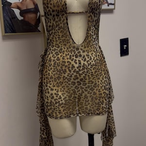 May include: A sheer leopard print mini dress with a plunging neckline and long, flowing ruffles on the sides.