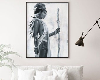 May include: A black and white painting of a woman holding a staff, wearing a beaded necklace and feathers in her hair. The background is a light grey with a textured look.