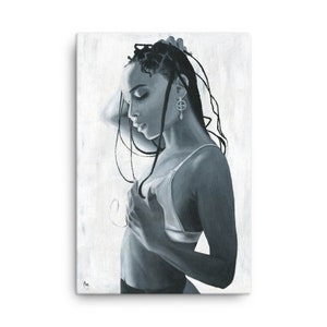 May include: A black and white painting of a woman with long braids, wearing a white vest top and looking down. The background is a light grey.