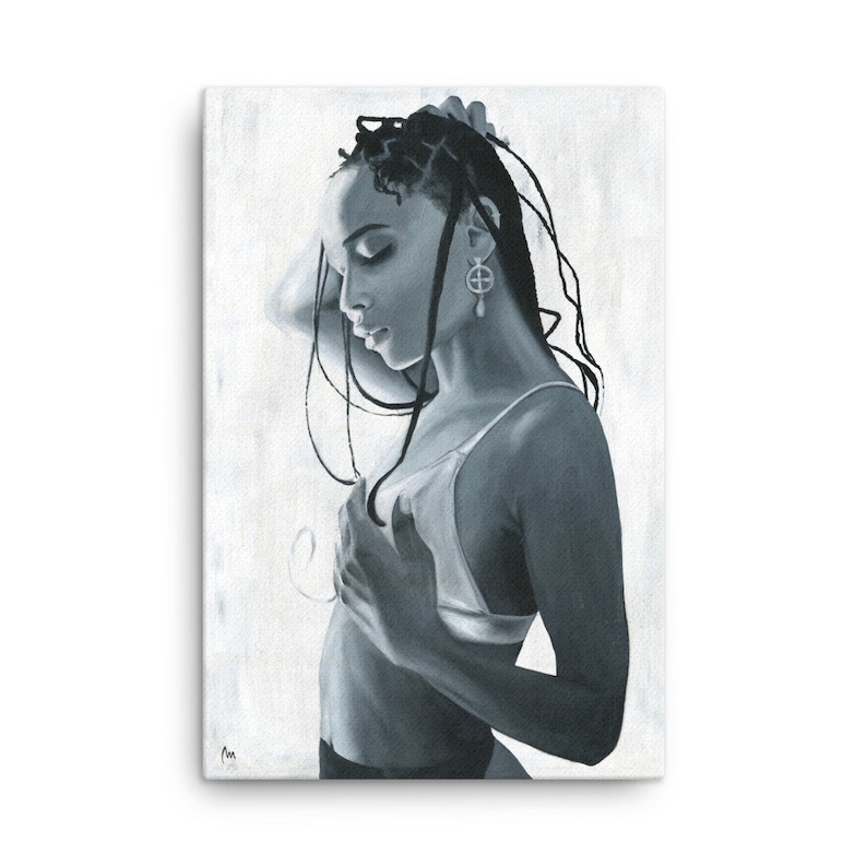 May include: A black and white painting of a woman with long braids, wearing a white vest top and looking down. The background is a light grey.
