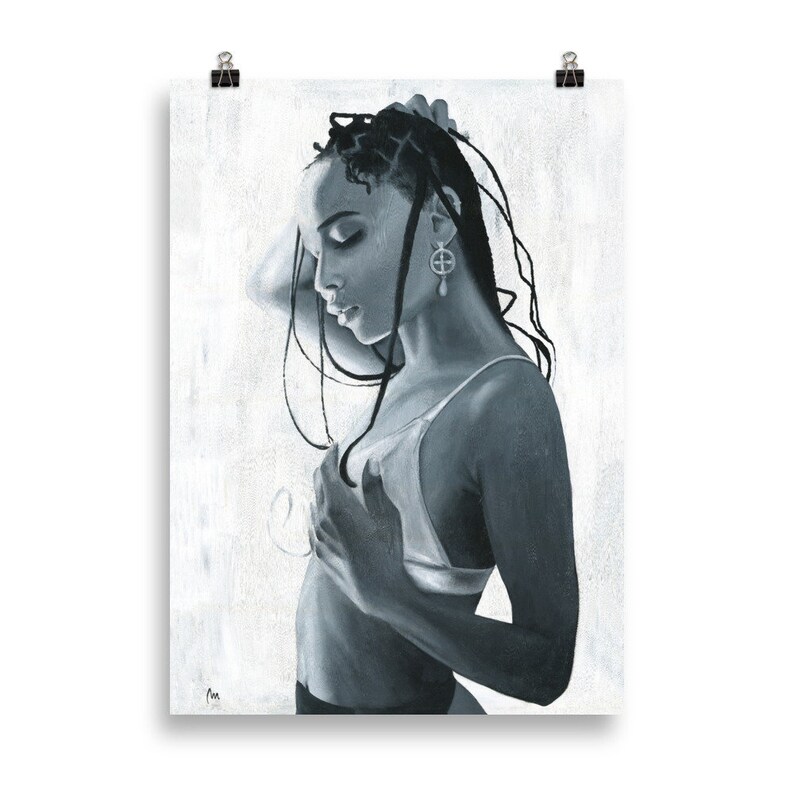 May include: A black and white painting of a woman with long braids, wearing a white vest top and looking down. The background is a light grey.