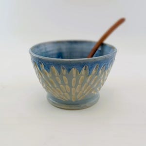Handmade Ceramic Bowl with Spoon – Blue Petal Glaze  Rustic Stoneware  6&quot; Dinner Bowl  Nature-Inspired Pottery Gift