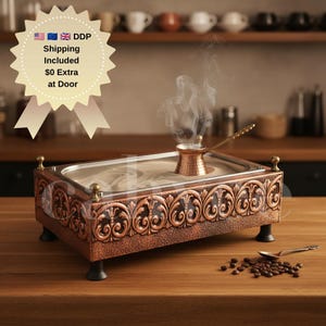 Engraved Rectangle Copper Turkish Coffee Maker, Electric Hot Sand Brewer, Greek Handcrafted Gift