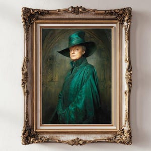 May include: A framed portrait of a person wearing a green hat and matching green cloak. The portrait is in a gold ornate frame. The background of the portrait is a muted green and gold. The person is looking towards the viewer.