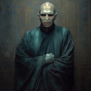 Puede incluir: Retrato de un hombre calvo con tez p&aacute;lida, nariz prominente y mirada intensa. Viste una t&uacute;nica verde oscuro con detalles ornamentados, con los brazos cruzados. El fondo presenta una pared texturizada de color verde azulado con detalles dorados.