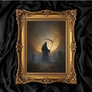 May include: Gold framed artwork featuring the Grim Reaper with a scythe in a graveyard. The image has a dark colour palette with a bright, circular light source behind the figure. The frame has detailed scrollwork.