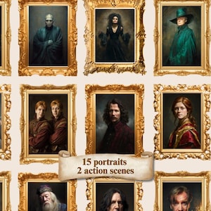 May include: A collection of framed portraits featuring characters from a fantasy series. The portraits are in ornate gold frames. A banner at the bottom reads "15 portraits 2 action scenes".