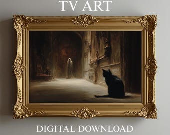 Gothic Haunted House Samsung Frame TV Art: Spirit and Black Cat (Digital Download)