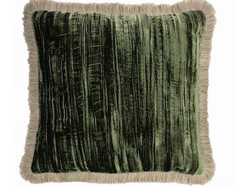 Green Silk Velvet Throw Pillow: Beige Fringe Accent (20" x 20")