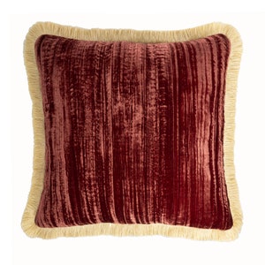Gold Fringed Red Silk Velvet Throw Pillow 20&quot; X 20&quot;