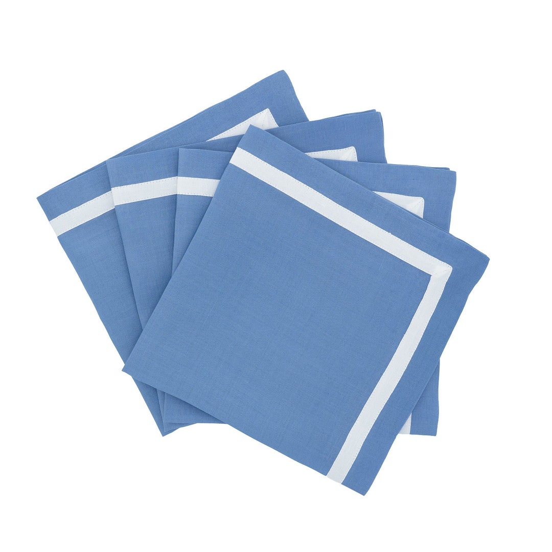 Blue Linen Napkins With White Borders, Set of 4 Etsy