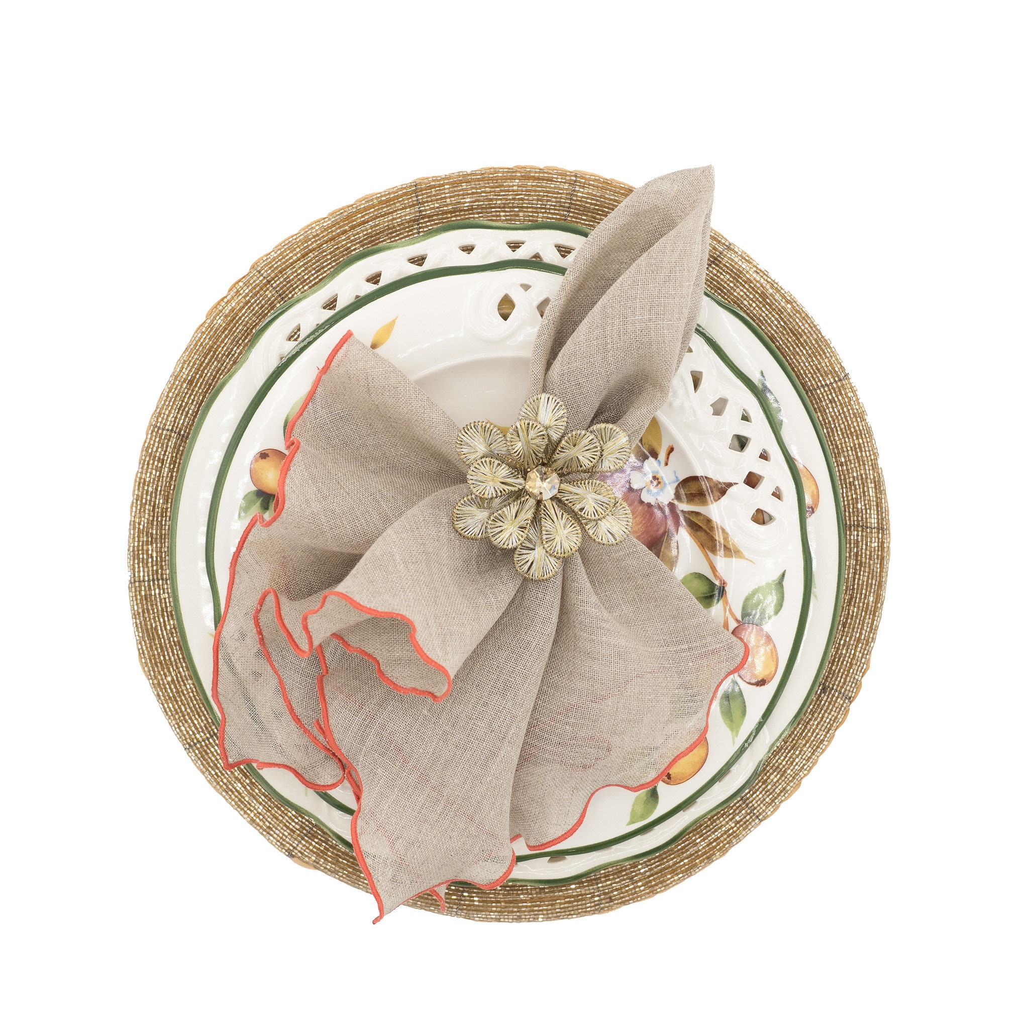 Including Linen Napkin Rings. Natural Linen Napkins With Gold Stitch Edges 21 X 21