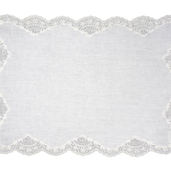 White Linen Placemats With Lace Borders , 16'' X 22'' Set of 4