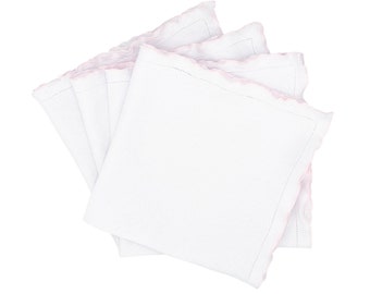 Linen Napkins With Pink Scalloped Hemstitch Edges, Set of 4