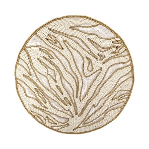 May include: Round beaded placemat with a cream-colored background and a pattern of gold and cream-colored beads. The design resembles a stylized tree or coral, with a gold beaded border.