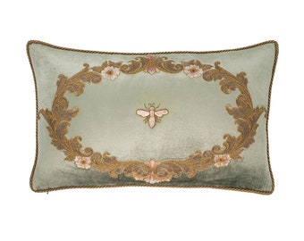 Handmade Venice Silk Velvet Pillow - Sage Green with Bee Embroidery 12x20