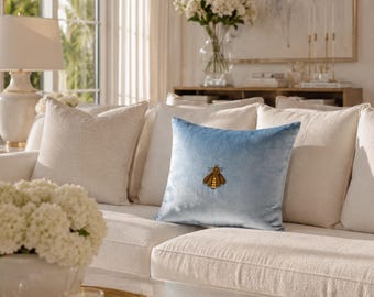 Cerulean Bee Silk Velvet Throw Pillow Cover 20 X 20