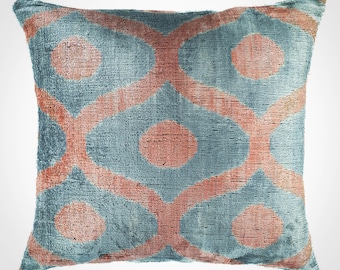 Blue Rain Silk Velvet Ikat Pillow, 20" X 20" Case Only
