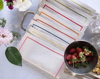Linen Cocktail Napkins With Embroidery Borders, Set of 4
